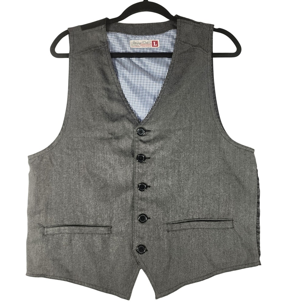 Sovereign Code Mens Gray Herringbone Vest Black Plaid Lining‎ Formal Dressy L